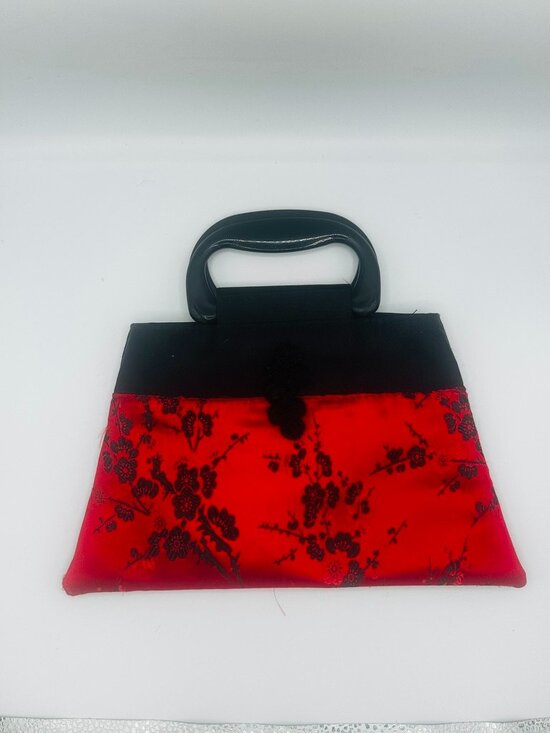 Handbags - Vintage Y2K Red Black Asian Floral Satin Handbag Purse